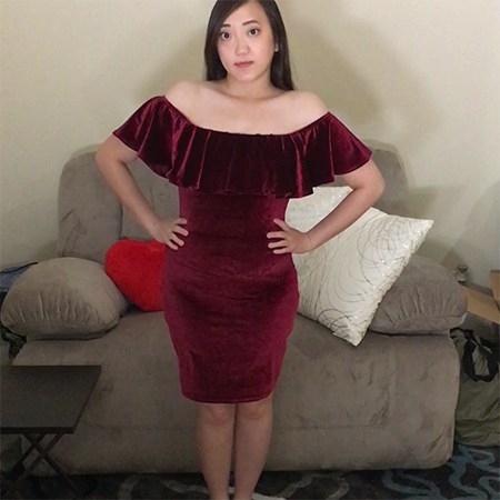 flounce off shoulder red velvet dress